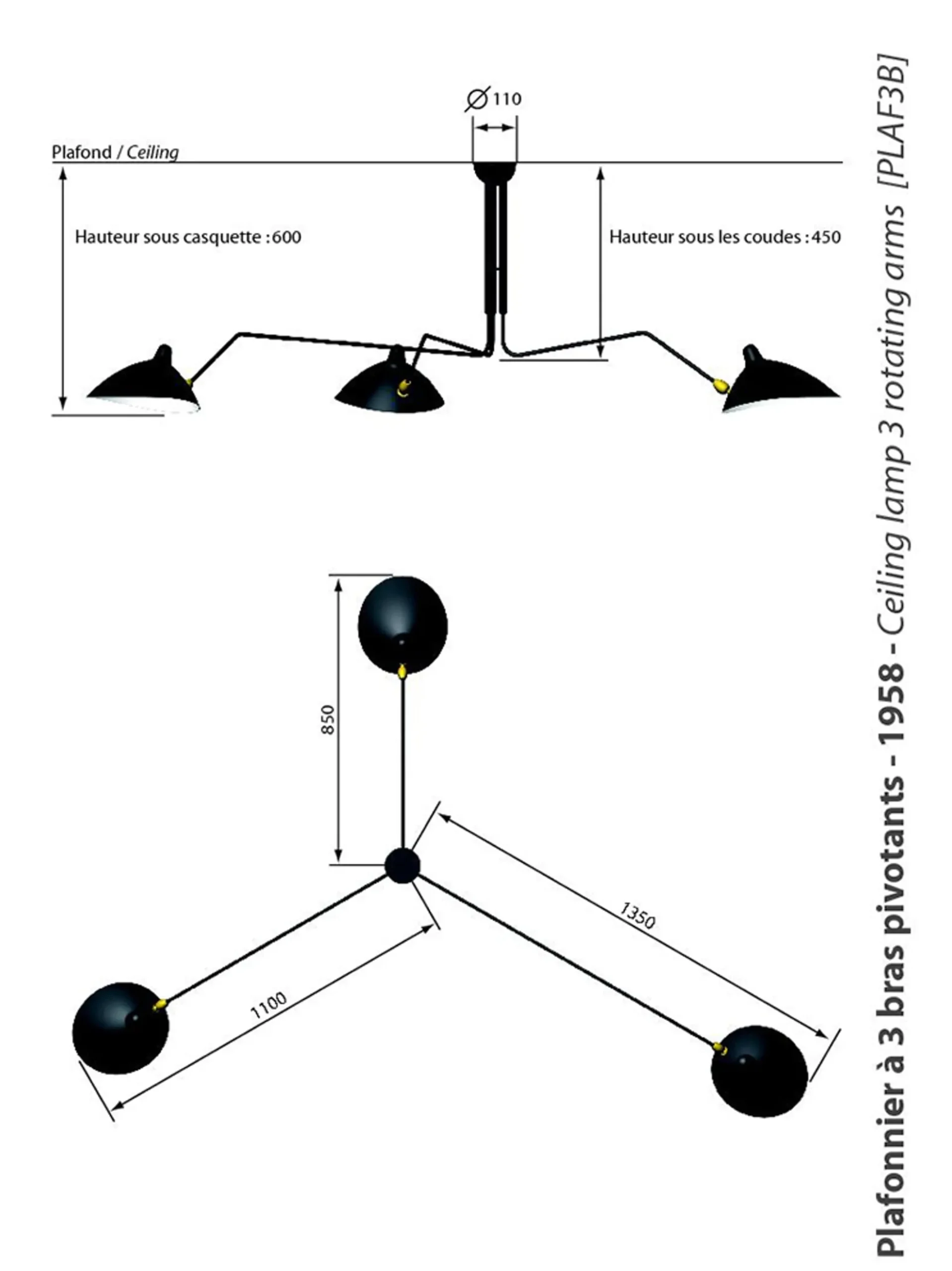 Ceiling Lamp with Three Rotating Arms