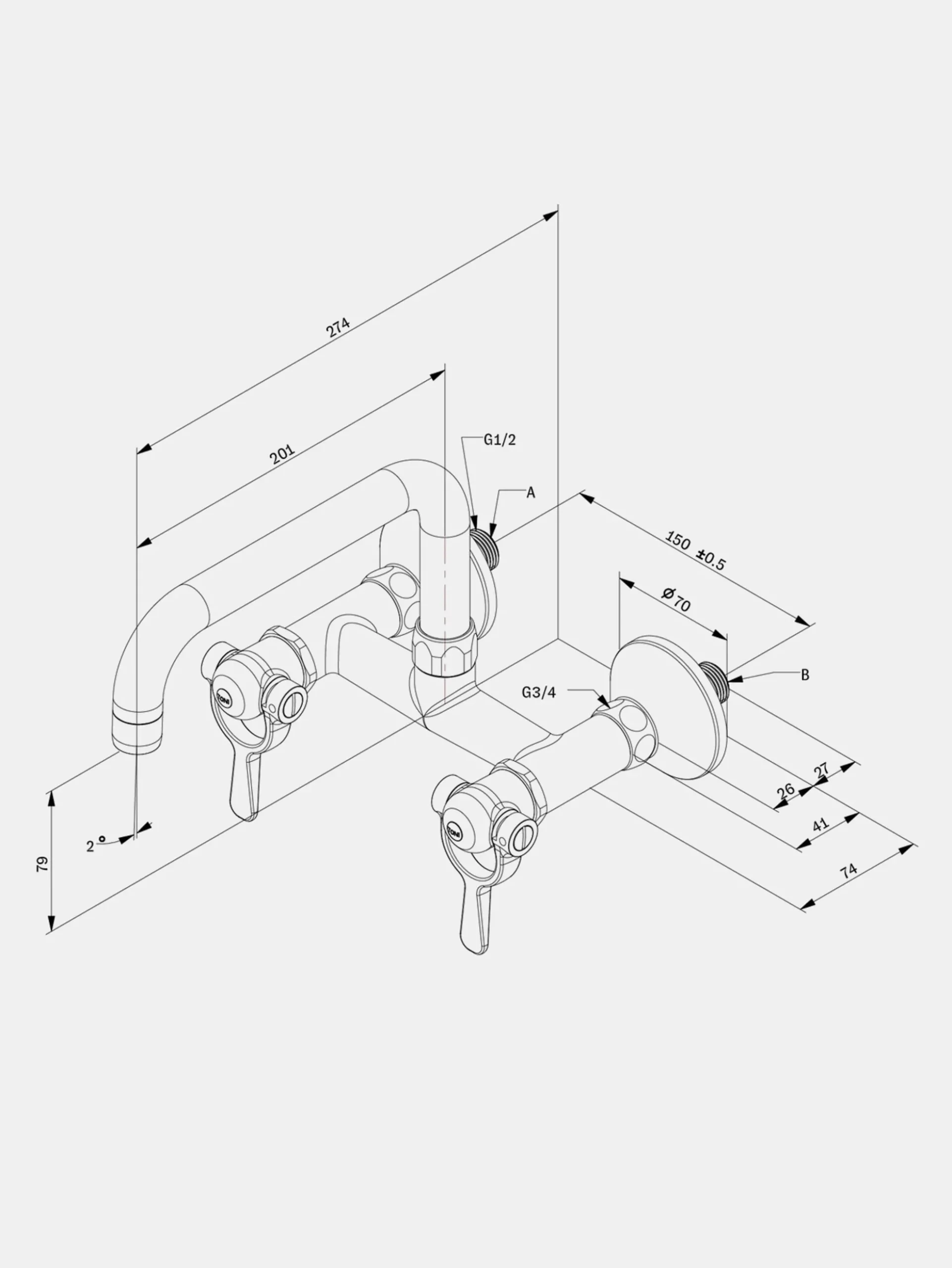 SP Wall Mounted Tap Swivel L200 - Brass